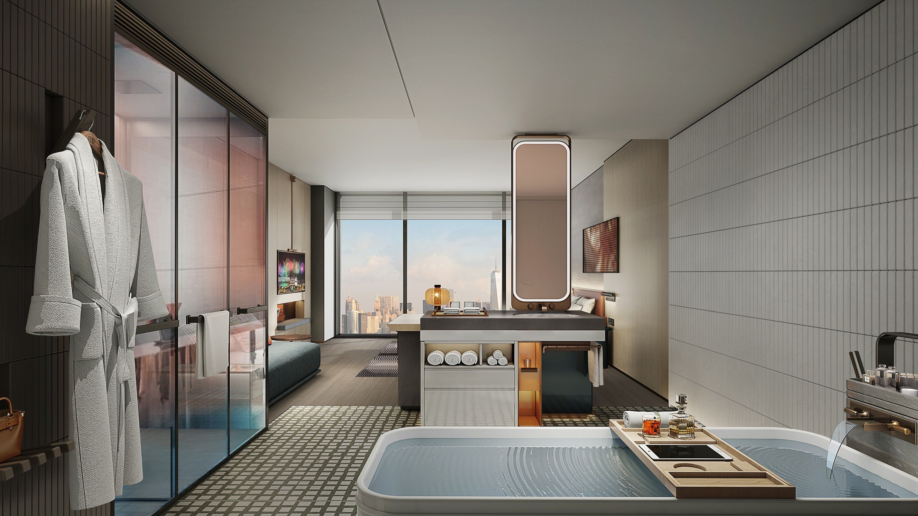 A modern bathroom with a large bathtub, a vanity with a mirror, and a view of the city skyline.