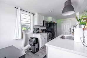 Full-sized fridge, microwave, oven, stovetop