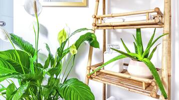 Combined shower/tub, rainfall showerhead, designer toiletries