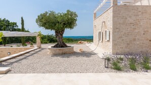 Ein angelegter Außenbereich mit einem großen Baum in einem Rundpflanzgefäß, einer Pergola und einem Steinhaus mit Blick auf das Meer.