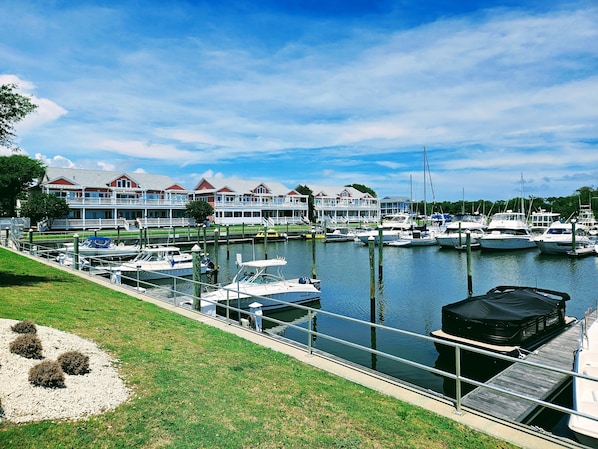 A marina with boats docked, a grassy area, and a row of buildings with balconies.