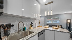 A modern kitchen with granite countertops, stainless steel appliances, and pendant lighting. - Boho Villa B (Tampa)