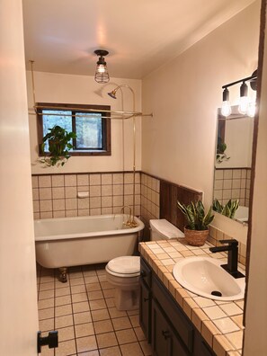 Douche, séchoir à cheveux, serviettes fournies, papier de toilette