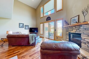 Televisión, chimenea y libros 