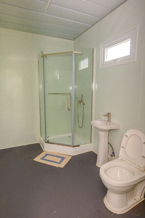A bathroom with a glass-enclosed shower, a pedestal sink, and a toilet. - Shalini Garden Hotel & Apartment (Sigatoka)