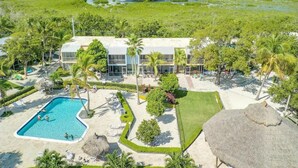 A resort with a swimming pool, palm trees, and a view of a mangrove area. - Overlooking The Marina and Ocean (Key Largo)