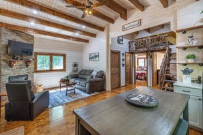 Smart TV, fireplace, books