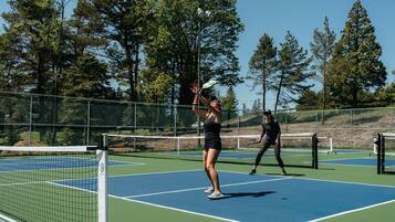 Cancha de tenis con red, rodeada de árboles y una valla.