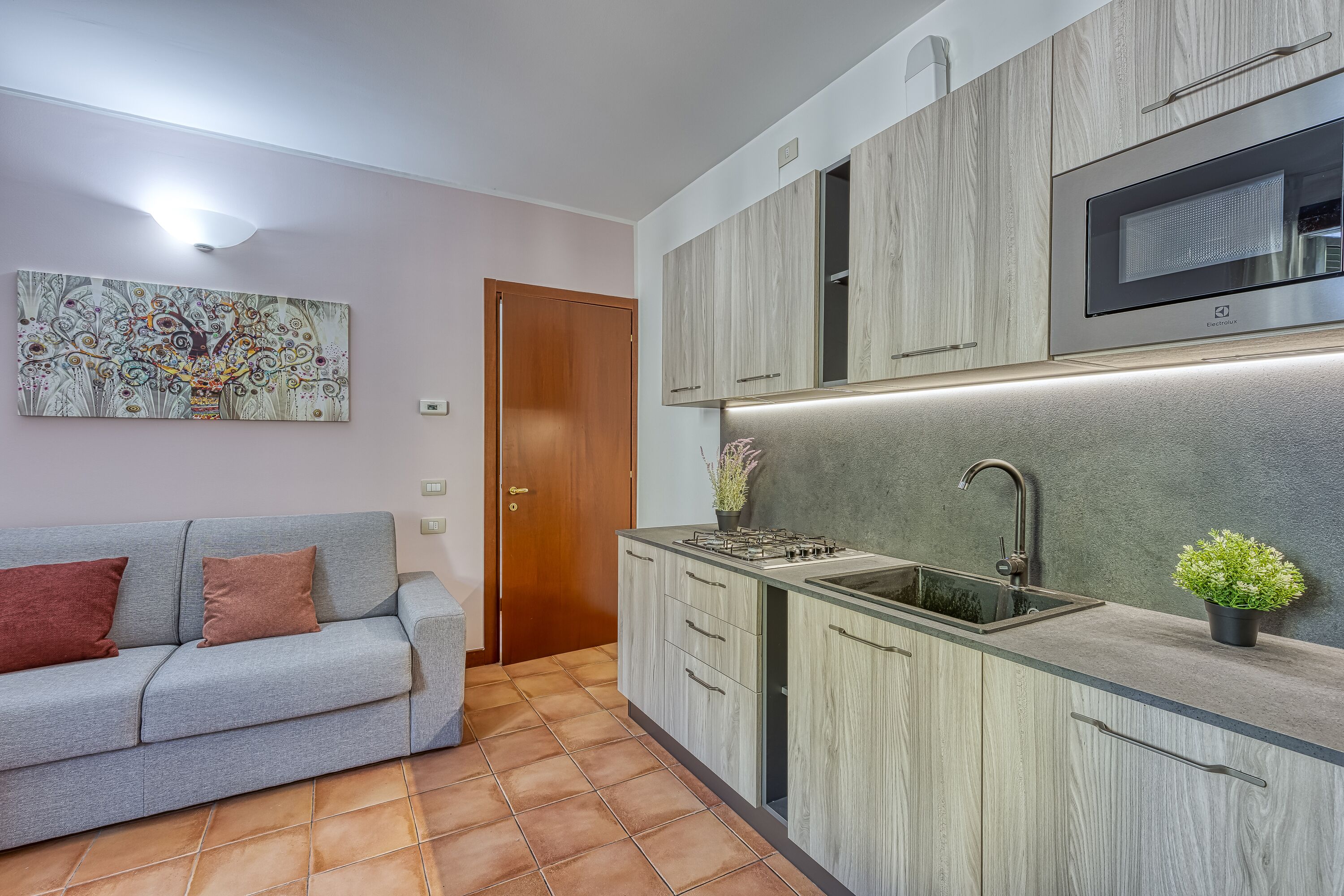A modern kitchen with a built-in stove, sink, and microwave. There is a grey sofa with cushions and a wooden door in the background.