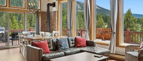 Televisión, chimenea, libros y estéreo