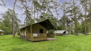 Une cabane rustique dotée d’un porche, entourée d’une pelouse et de grands arbres.