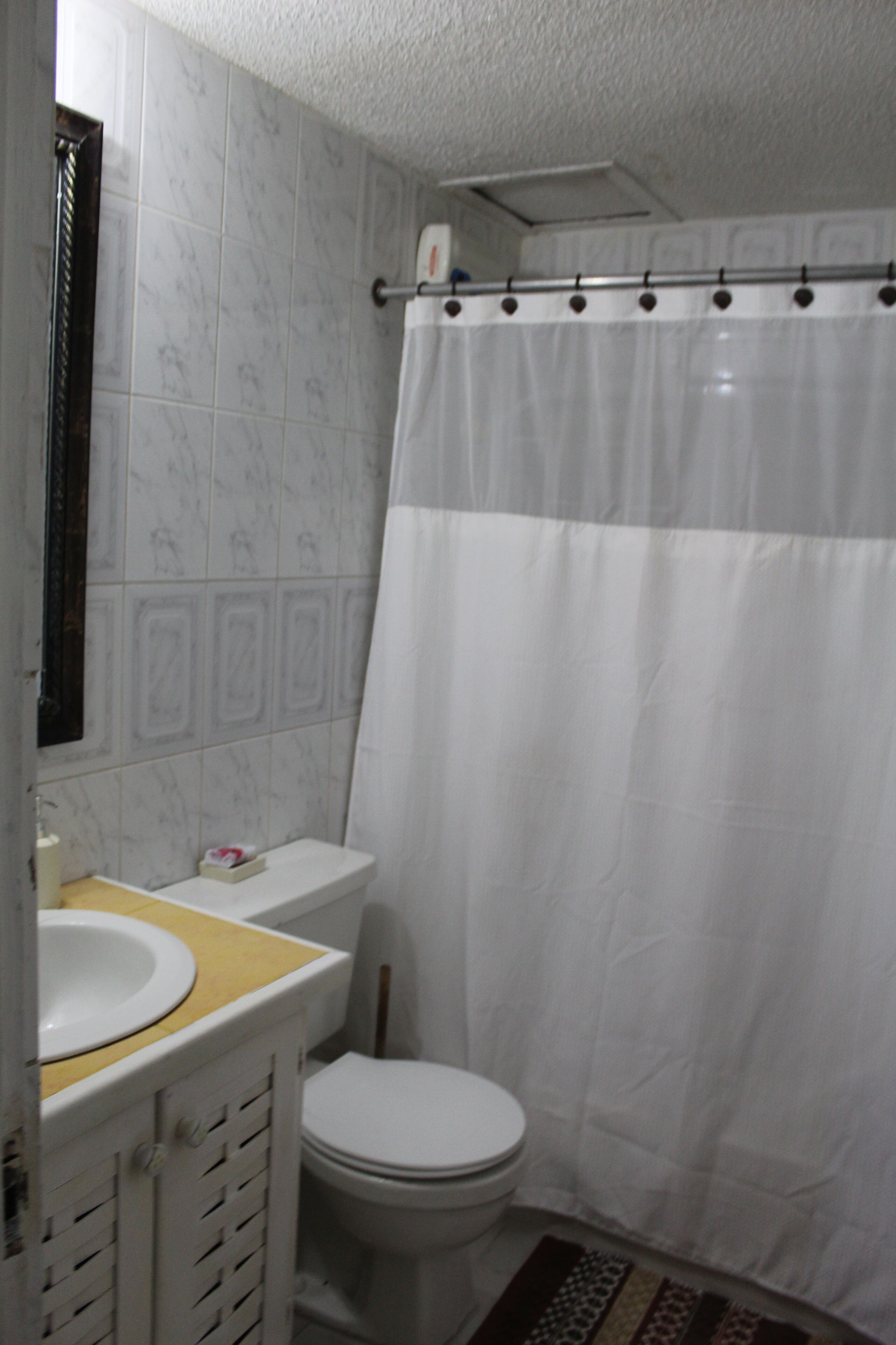 A bathroom with a toilet, sink, and shower curtain.