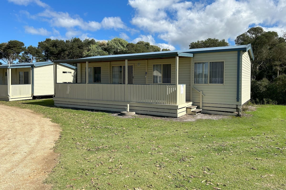 A row of mobile homes with a grassy yard and trees in the background.