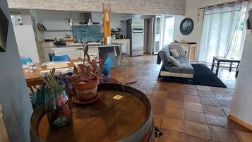 TV connectée, cheminée, table de tennis de table, livres