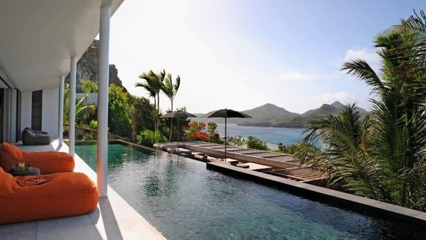 Un área de piscina moderna con vistas al mar, mobiliario exterior y plantas tropicales.