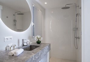 Douche, séchoir à cheveux, serviettes fournies