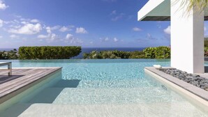 Une piscine d’un bleu éclatant, dotée d’une terrasse en bois, entourée d’une végétation luxuriante et offrant une vue sur l’océan.