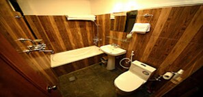 Shower, rainfall showerhead, towels, soap