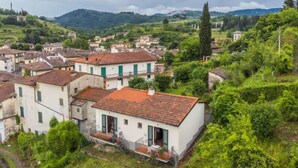 Un pueblo en una ladera con arquitectura tradicional, casas escalonadas y exuberante vegetación.