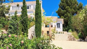 Un immeuble à plusieurs étages, doté d’une façade blanche, entouré d’une végétation luxuriante et de grands arbres.