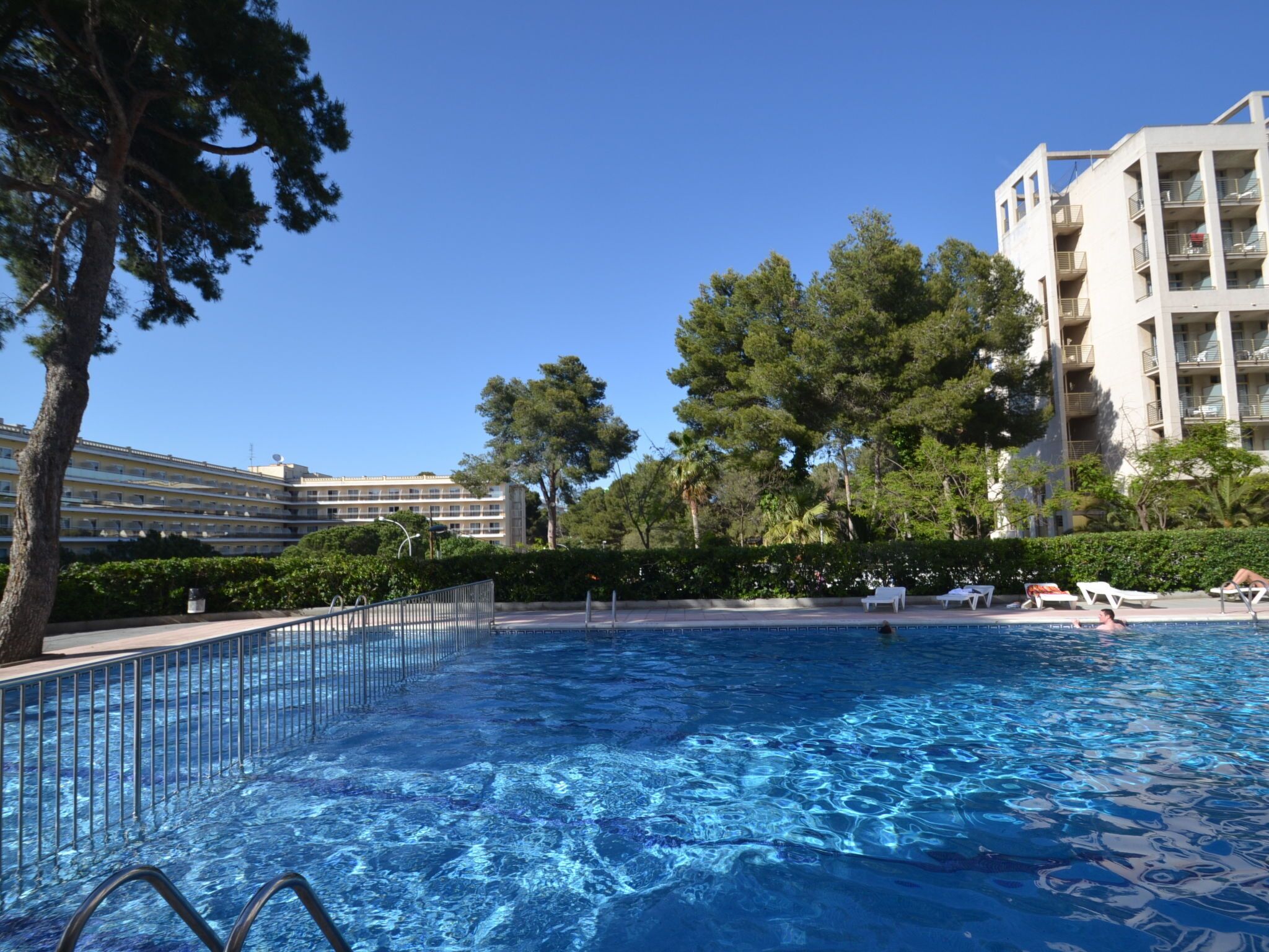 A swimming pool with clear blue water, surrounded by trees and a multi-story building in the background.