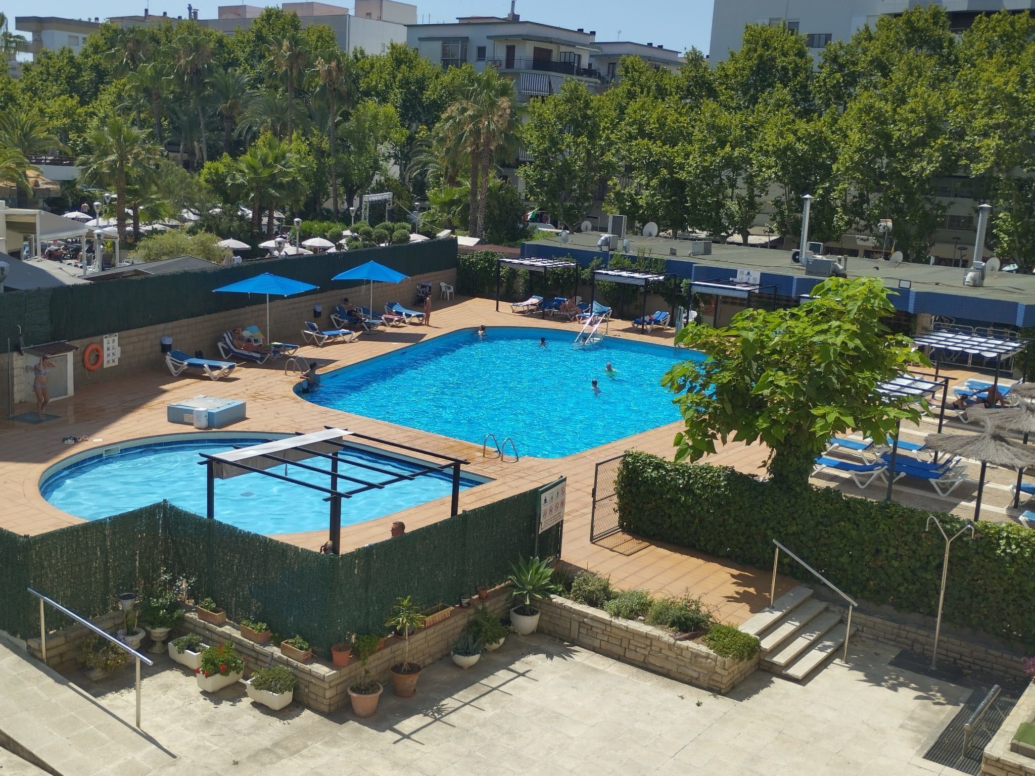 A swimming pool with sun loungers and umbrellas, surrounded by greenery and buildings.