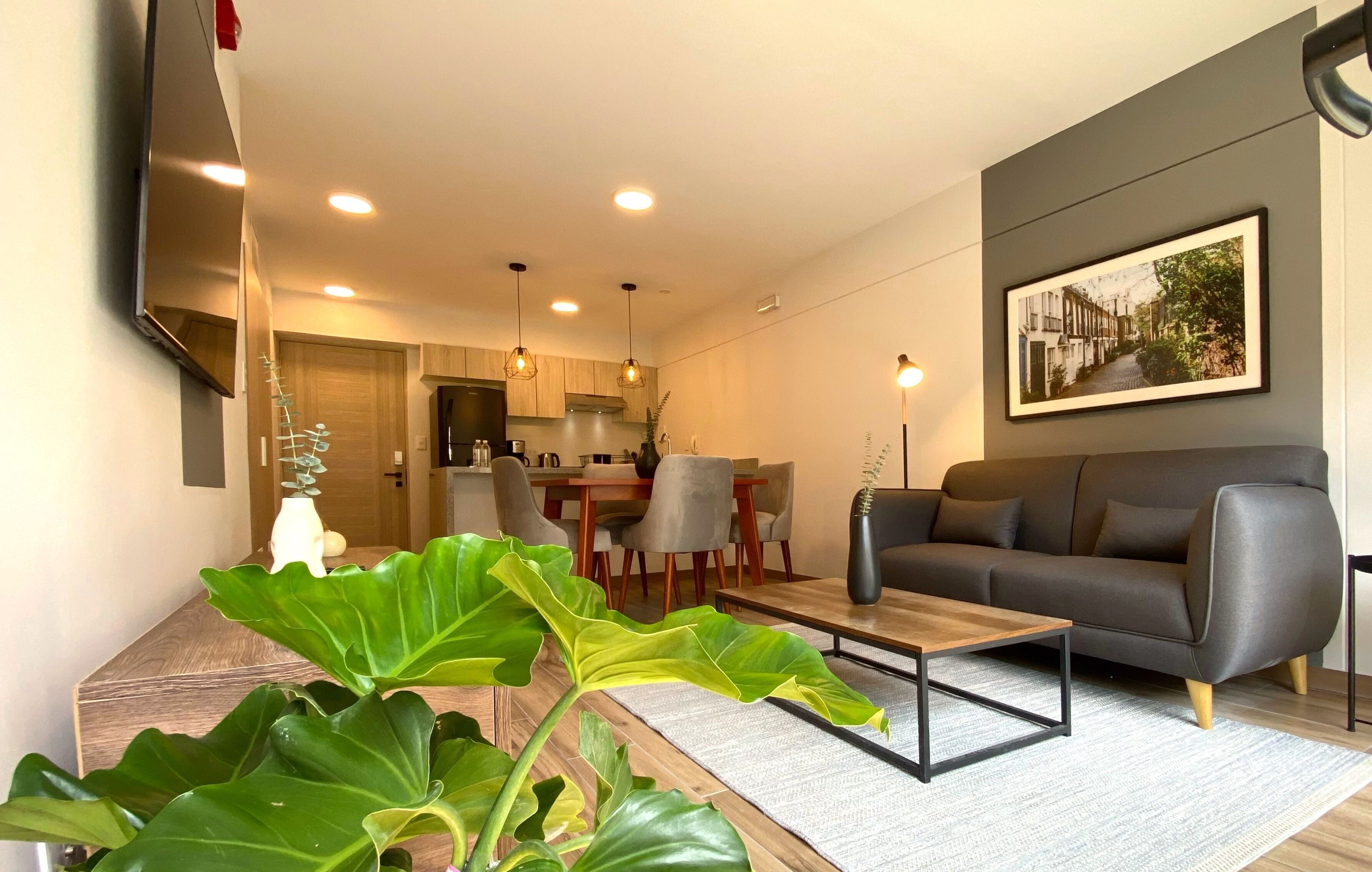 Un salon moderne avec un canapé, une table basse et une grande plante verte. On aperçoit à l’arrière-plan un coin repas avec des chaises et une table.
