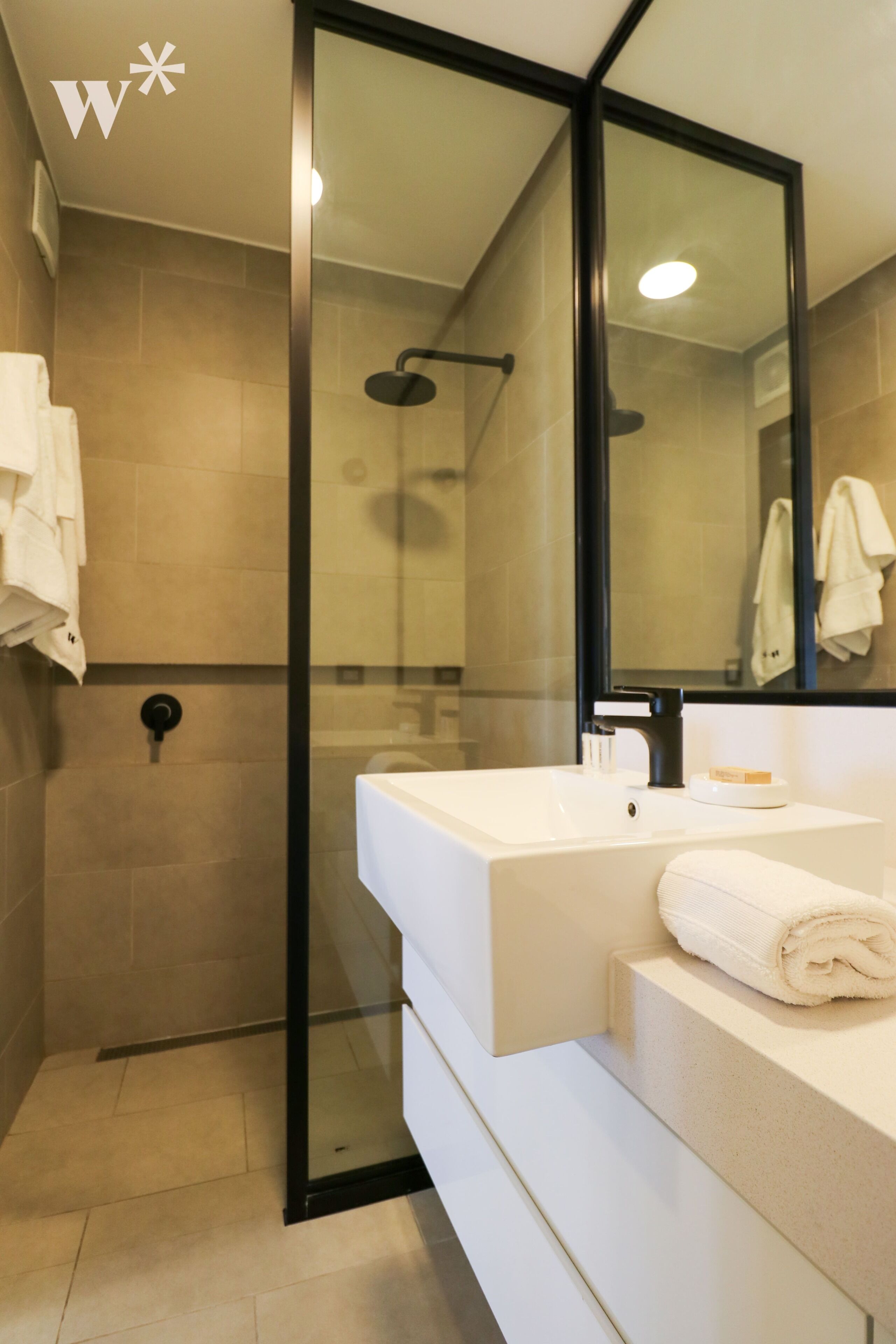 Un baño moderno con ducha envuelta en vidrio, un lavamanos blanco y un espejo grande.