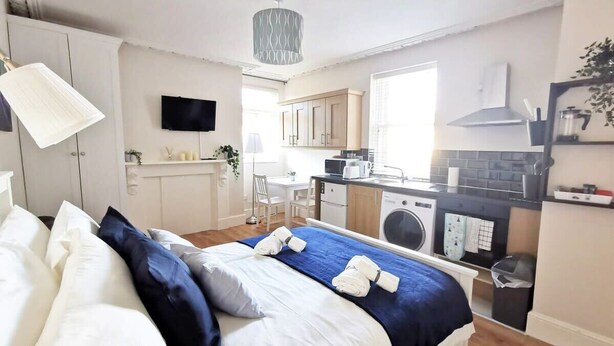 A hotel room with a bed, a desk, a chair, a washing machine, and a kitchen area. - Cosy studio new renovated - kitchen, TV &Fast WIFI (Dublin)