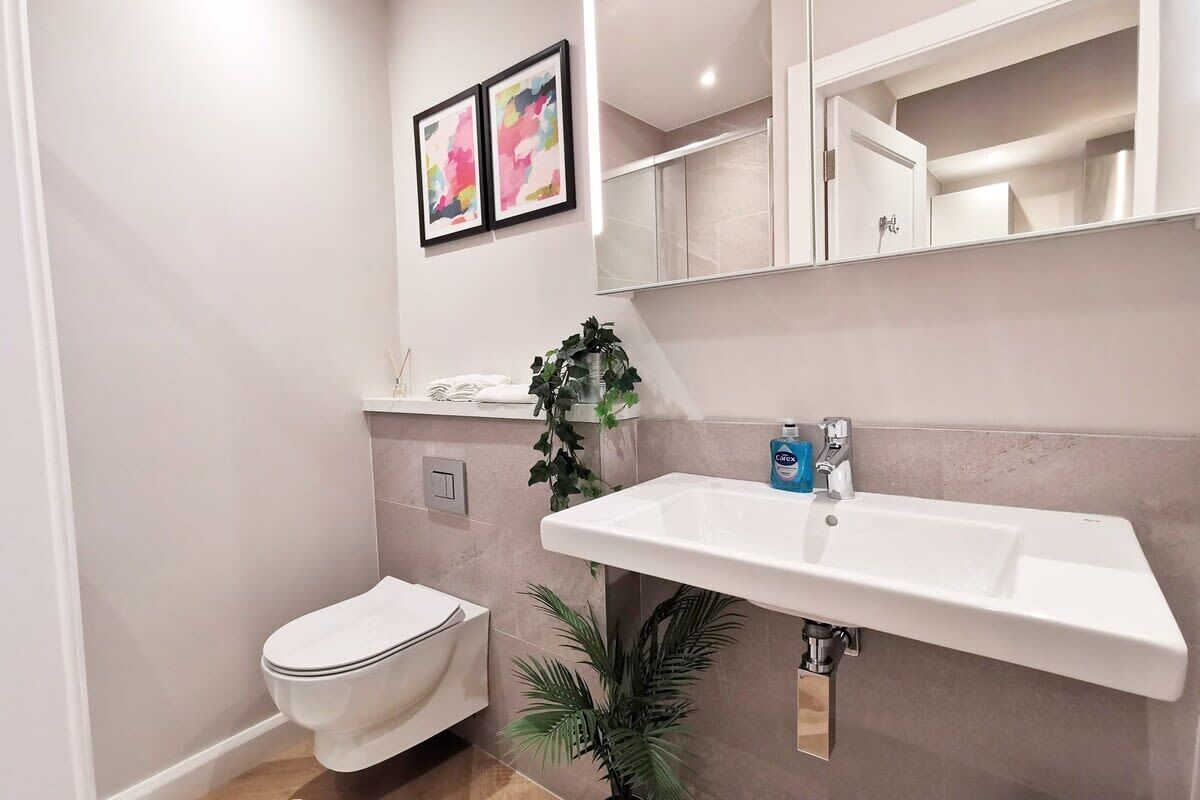 Une salle de bain moderne avec des toilettes blanches, un lavabo blanc et un miroir au-dessus du lavabo. Deux tableaux encadrés ornent le mur, et une petite plante est placée à côté du lavabo.