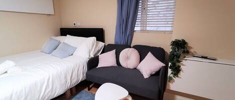 A bedroom with two beds, a sofa, a small white table, a plant, and a window with curtains.