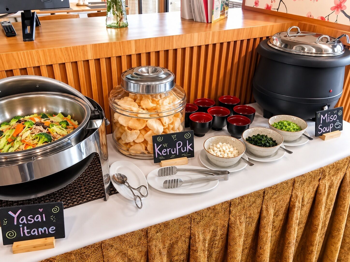 Un buffet proposant une variété de plats et d'ustensiles.