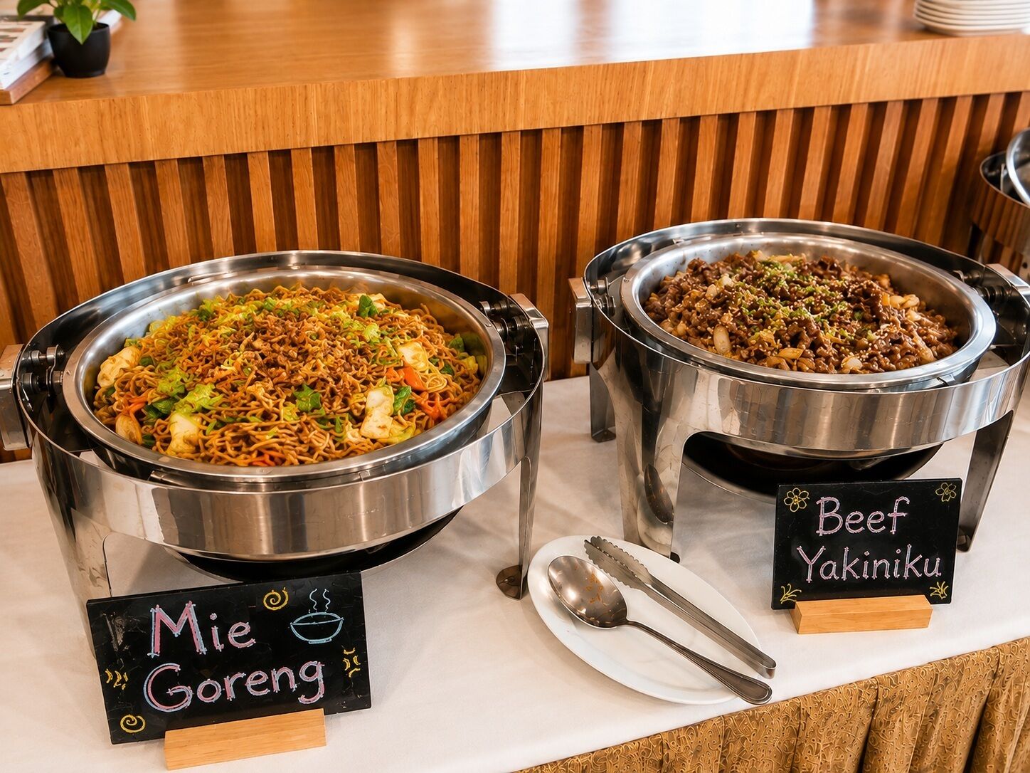Two stainless steel food dispensers labeled 'Mie Goreng' and 'Beef Yakinku' with a wooden counter and a blackboard sign.