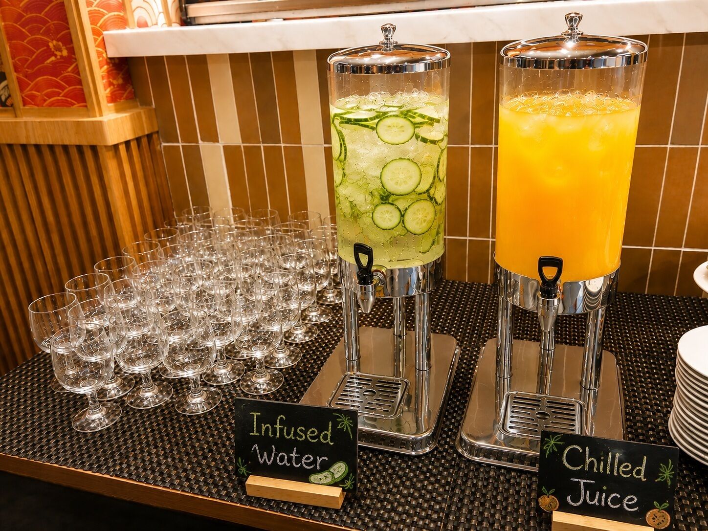 Een drankstation met twee tappunten, waarvan één voor verfrissend water en één voor gekoeld sap, en een glazenhouder.