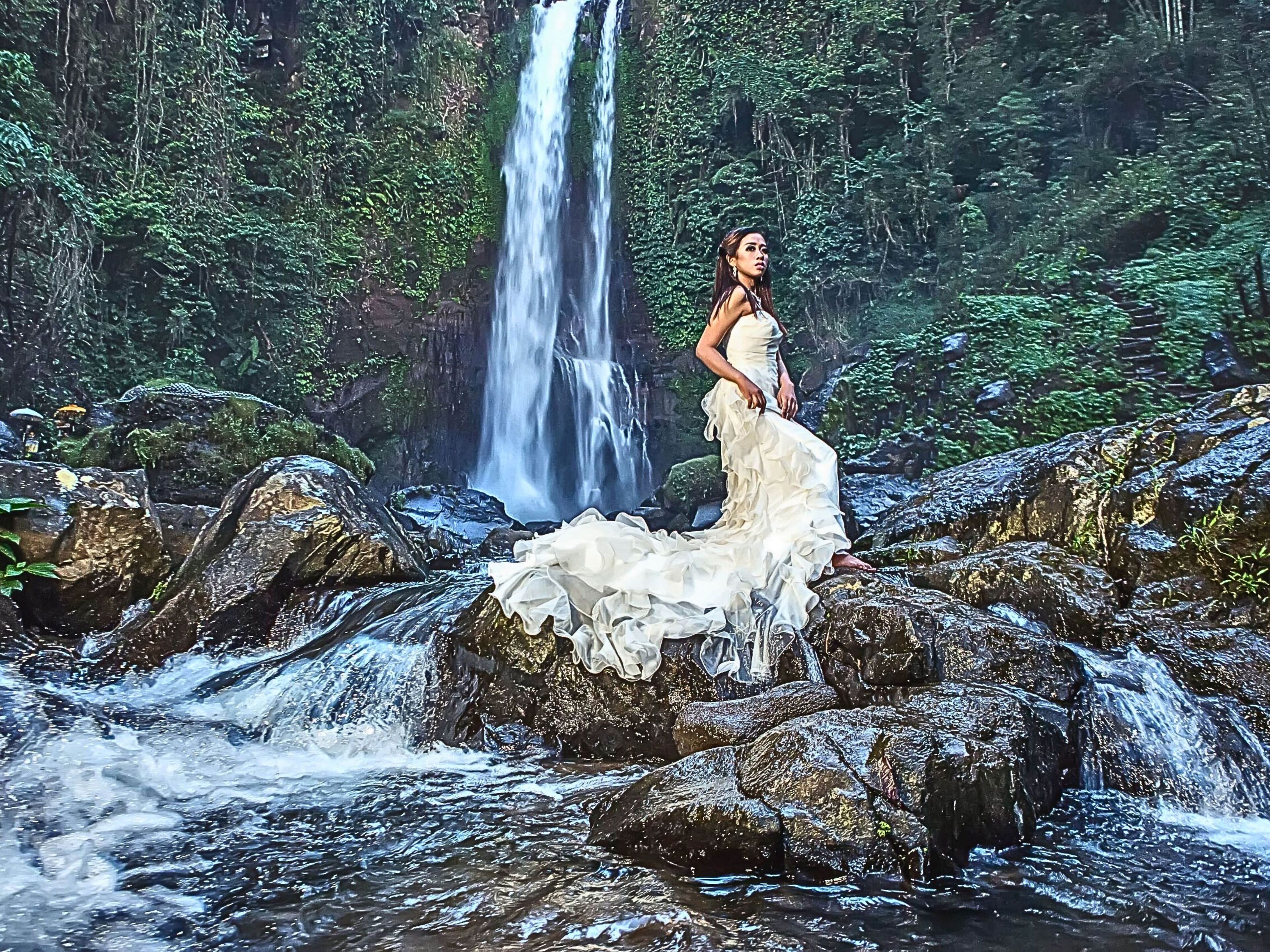 Una cascada en una zona boscosa amb roques i vegetació.