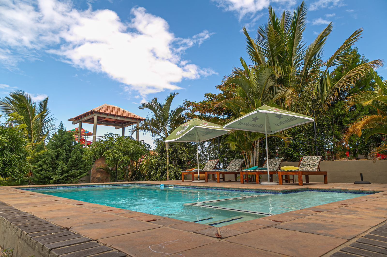 A swimming pool with lounge chairs and umbrellas, surrounded by palm trees and a gazebo.