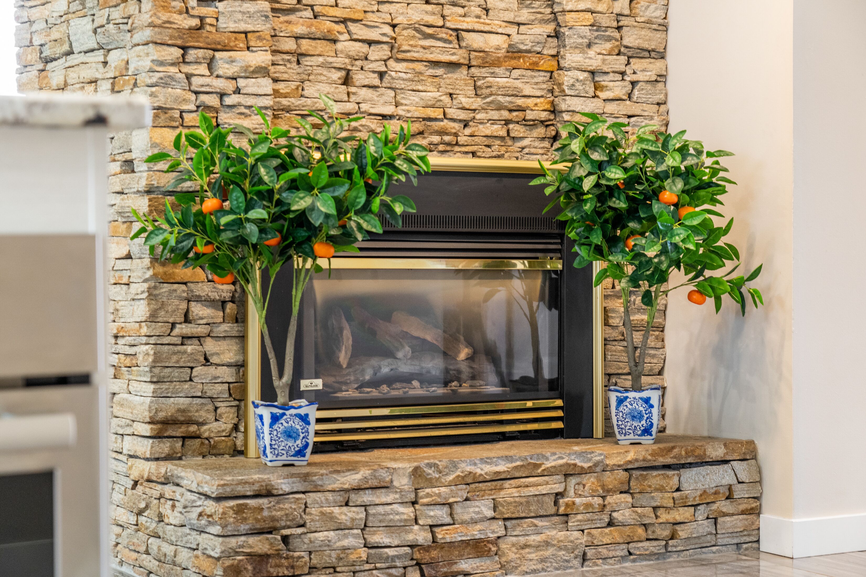 A stone fireplace with two potted plants on either side.