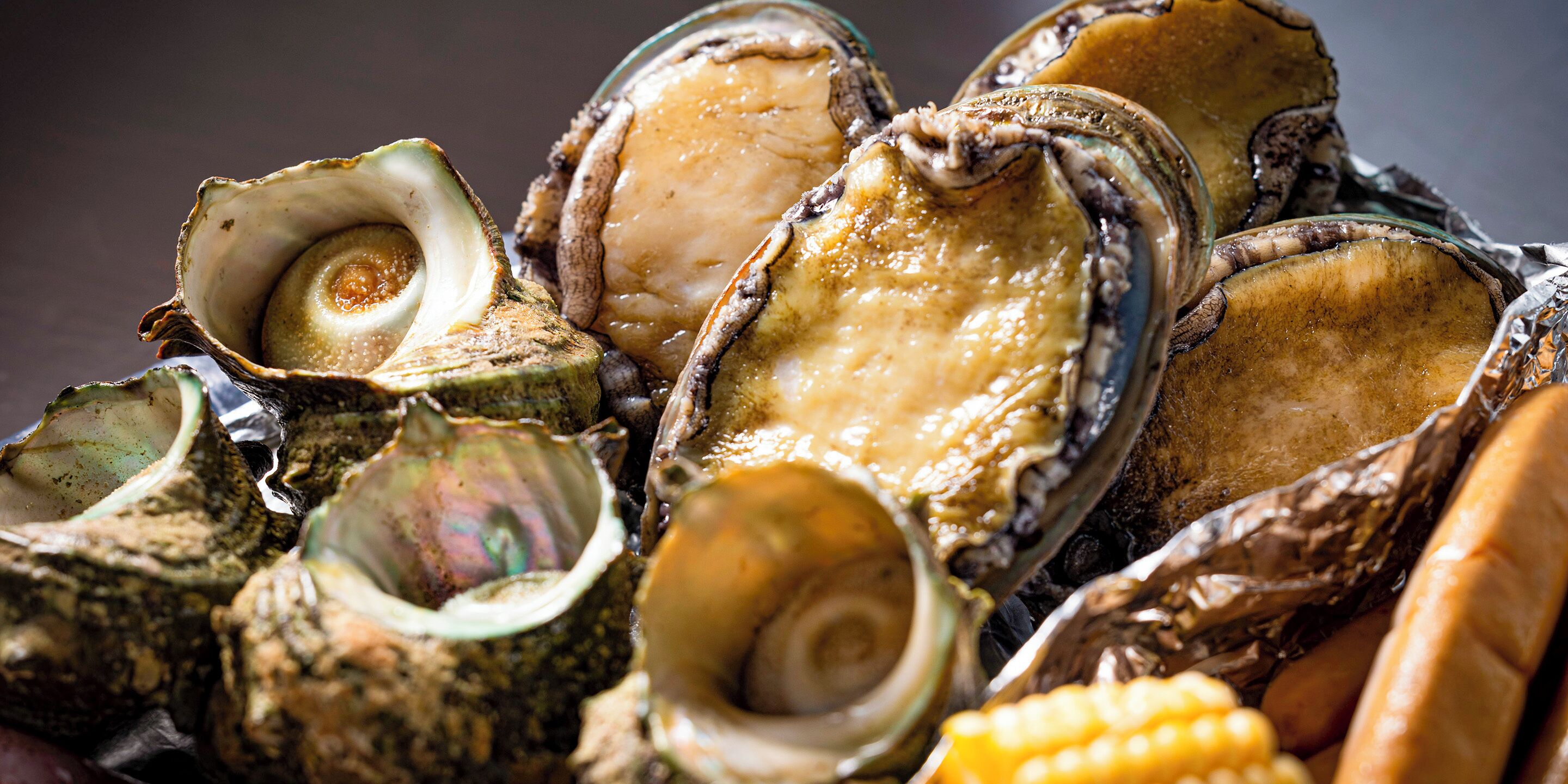 A close-up of various oysters, some open and some closed, displayed on a surface.