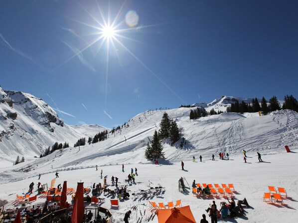 Een besneeuwde helling met skiërs en een heldere lucht.