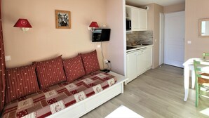 Un espace de vie compact comprenant un canapé, un téléviseur, un coin cuisine et un espace repas.
