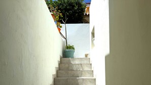 Una escalera estrecha con una planta en maceta en el último escalón.