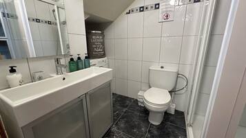 Un baño con lavamanos blanco, espejo e inodoro. Hay artículos de aseo en el lavamanos y un cabezal de ducha sobre el espejo.