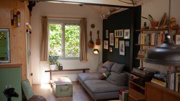 TV, fireplace, books, stereo