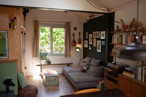 Televisio, takka, kirjoja, stereot