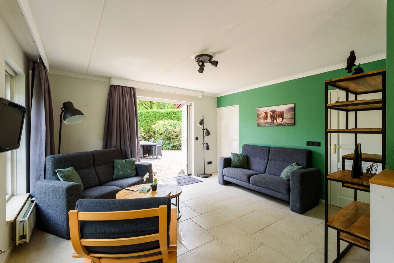 A living room with two sofas, a coffee table, and a TV. There is a bookshelf and a painting on the wall.