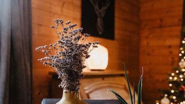Een houten interieur met een open haard, een vaas met gedroogde bloemen, een fles en een kerstboom.