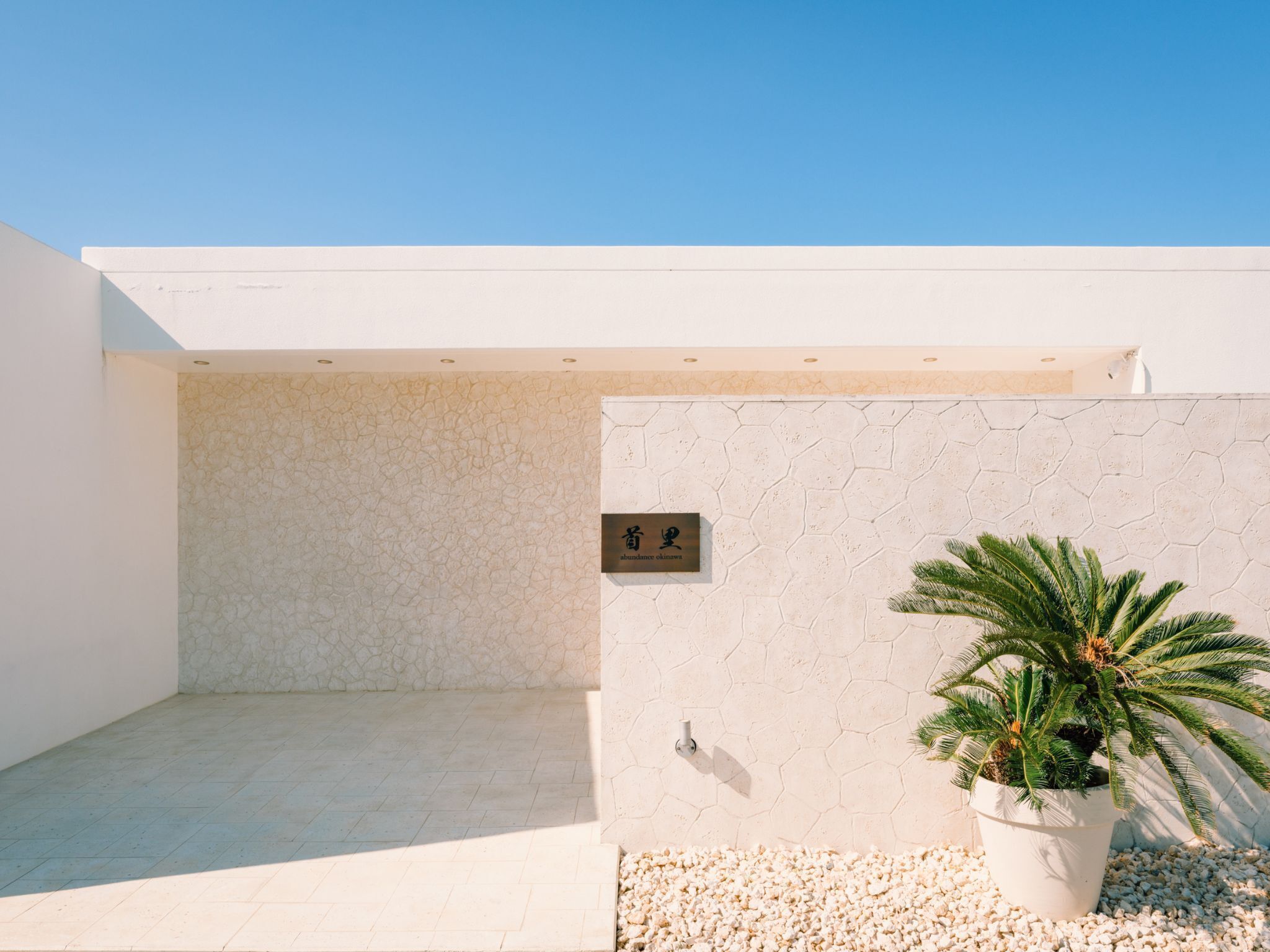 Un espacio exterior moderno y minimalista con suelo de guijarros, pared blanca con diseños hexagonales y una planta en maceta.