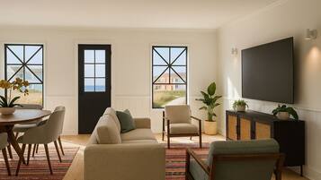 Télévision, cheminée, espaces bureaux