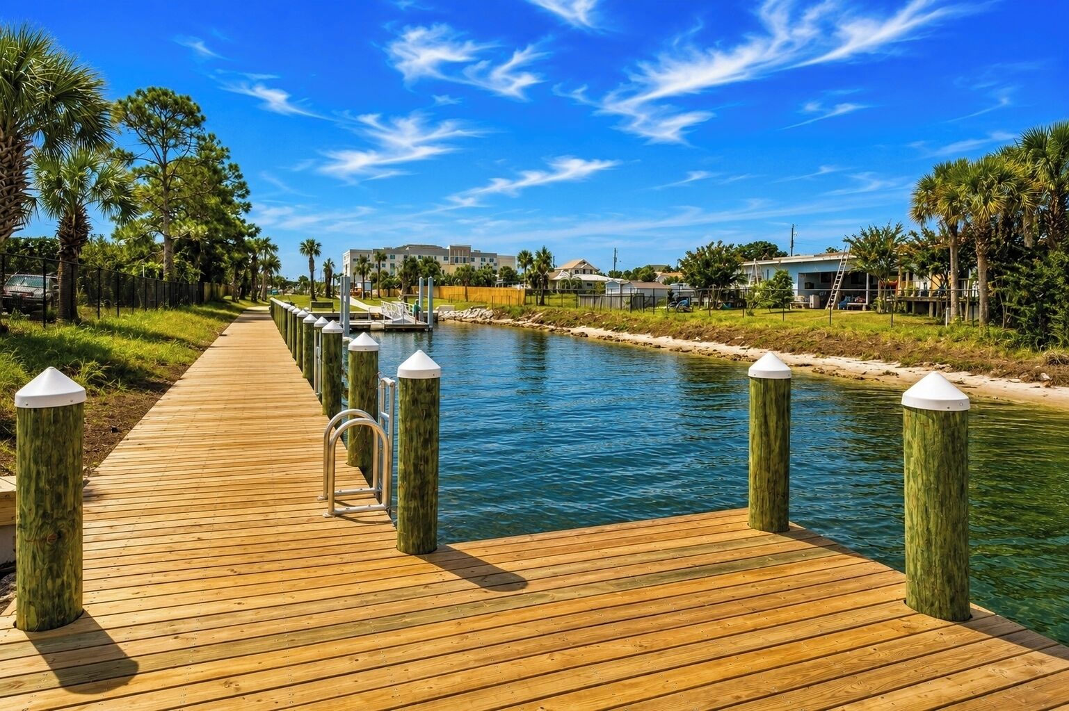 A wooden boardwalk leading to a body of water with a clear sky above.