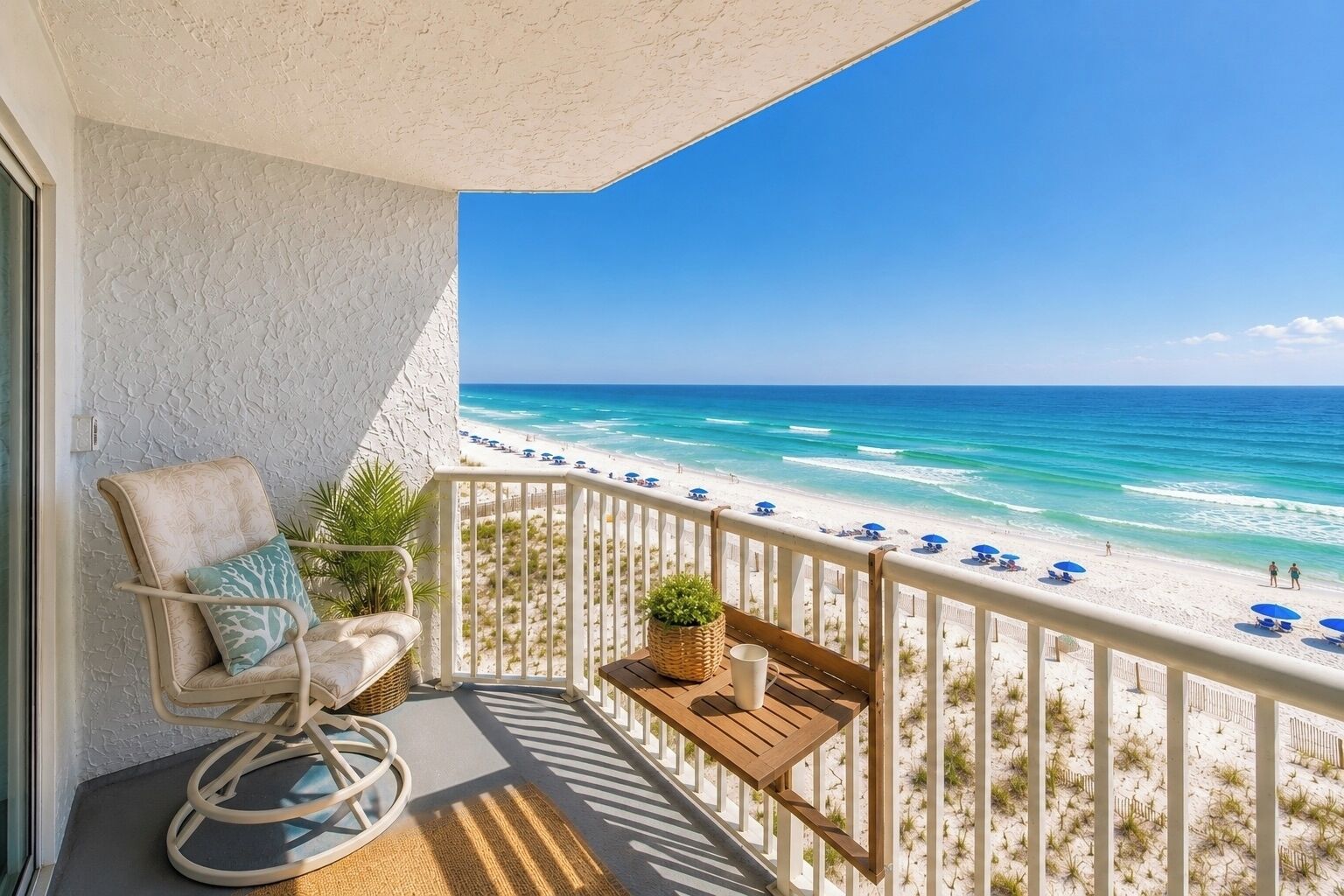 A balcony with a view of the beach, a chair, a table, and a potted plant.